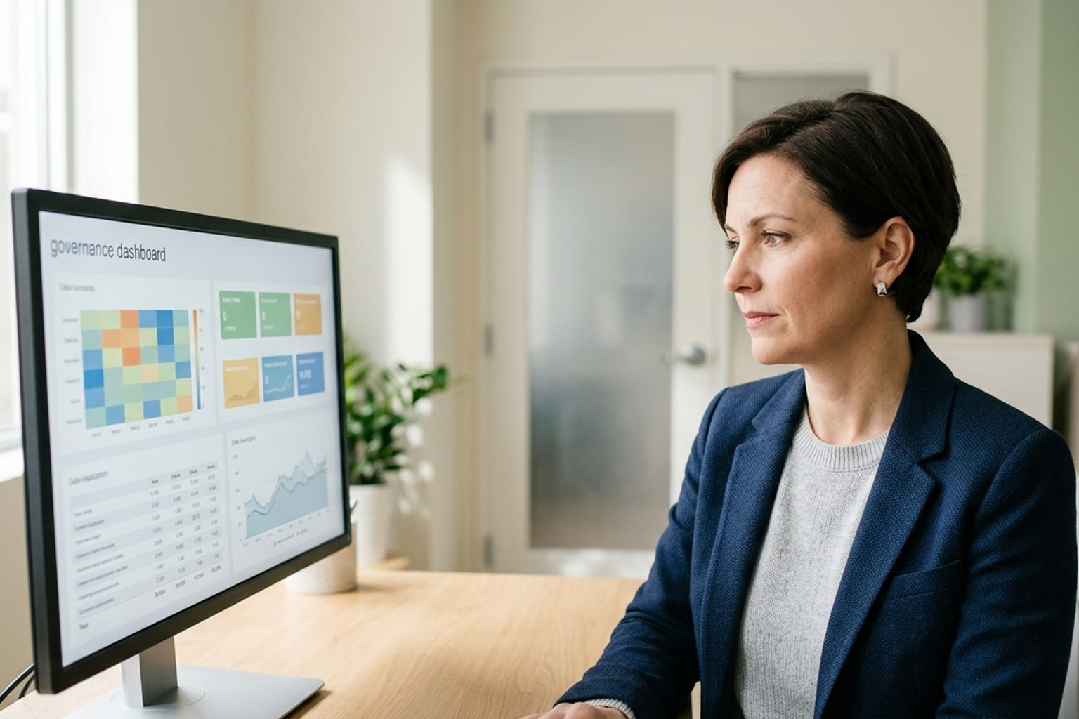 A hospital administrator in a blue blazer reviewing a governance dashboard on a desktop monitor at a light oak desk in a bright office.