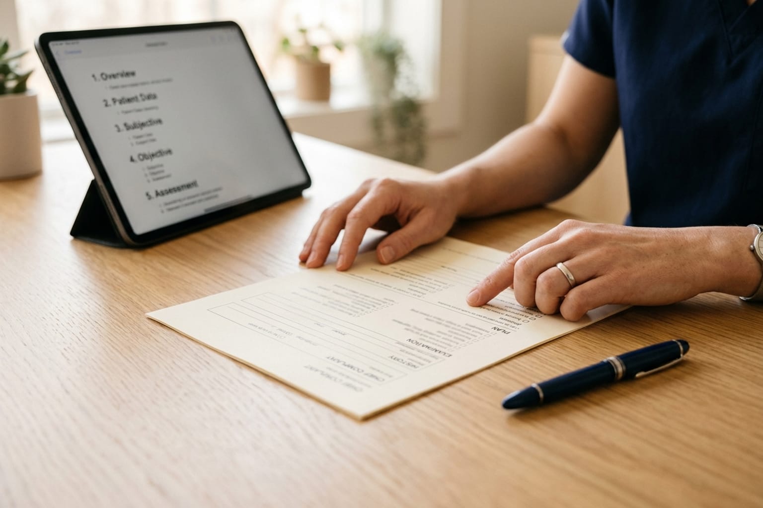 A clinician's hands reviewing a printed structured clinical note on a light oak desk, with a pen beside it and a tablet showing a document outline at the edge of the frame.