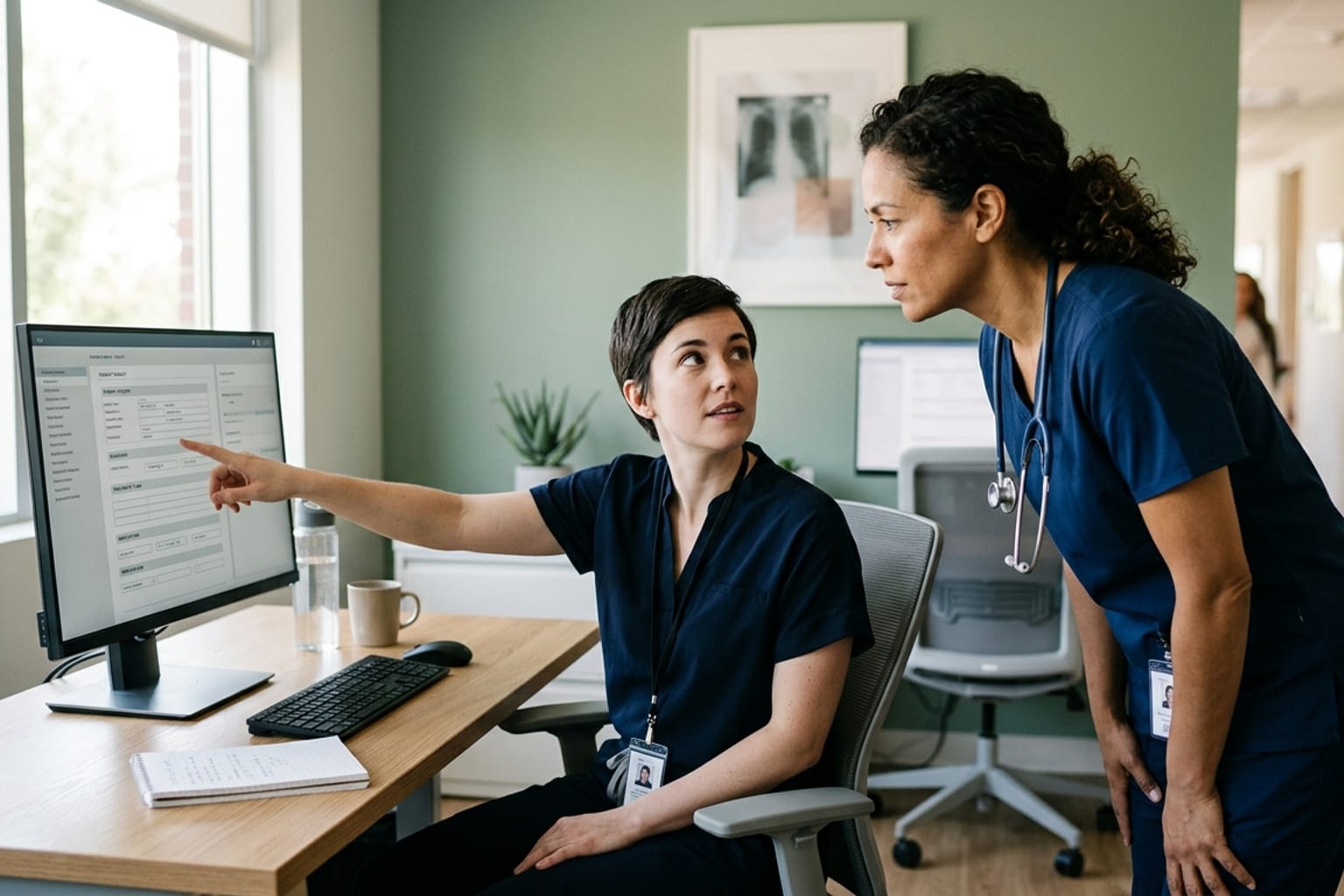 A clinician seated at a workstation pointing at a monitor while a colleague in scrubs leans in beside them to review the same screen together in a bright clinic office.