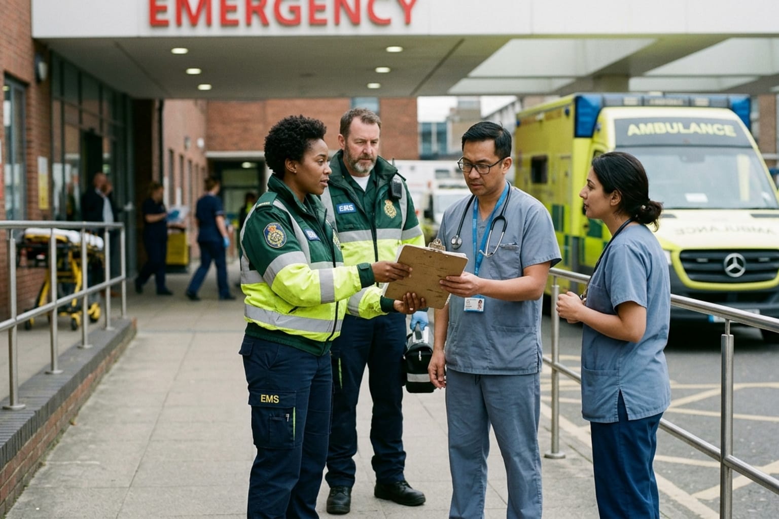 Paramedics in high-visibility jackets handing over a patient report to receiving clinicians outside a hospital emergency bay.