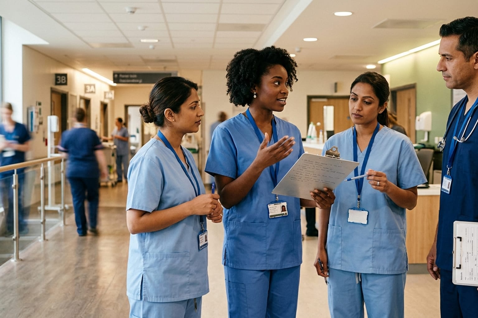 Healthcare staff in scrubs reviewing notes together during a handover briefing in a bright hospital corridor.