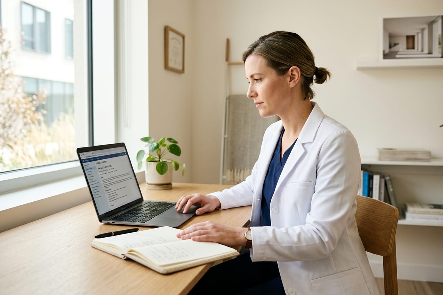A clinician reviewing a structured patient note on a laptop screen in a calm, well-lit consulting room.