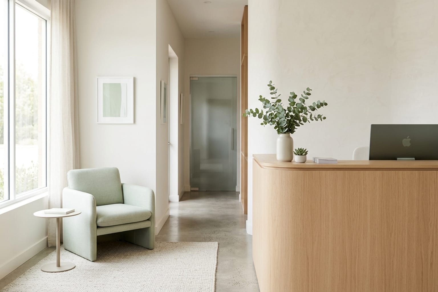 A calm modern clinic reception with a light oak desk, a pale sage-green armchair, and eucalyptus in a white vase beside a bright curtained window.