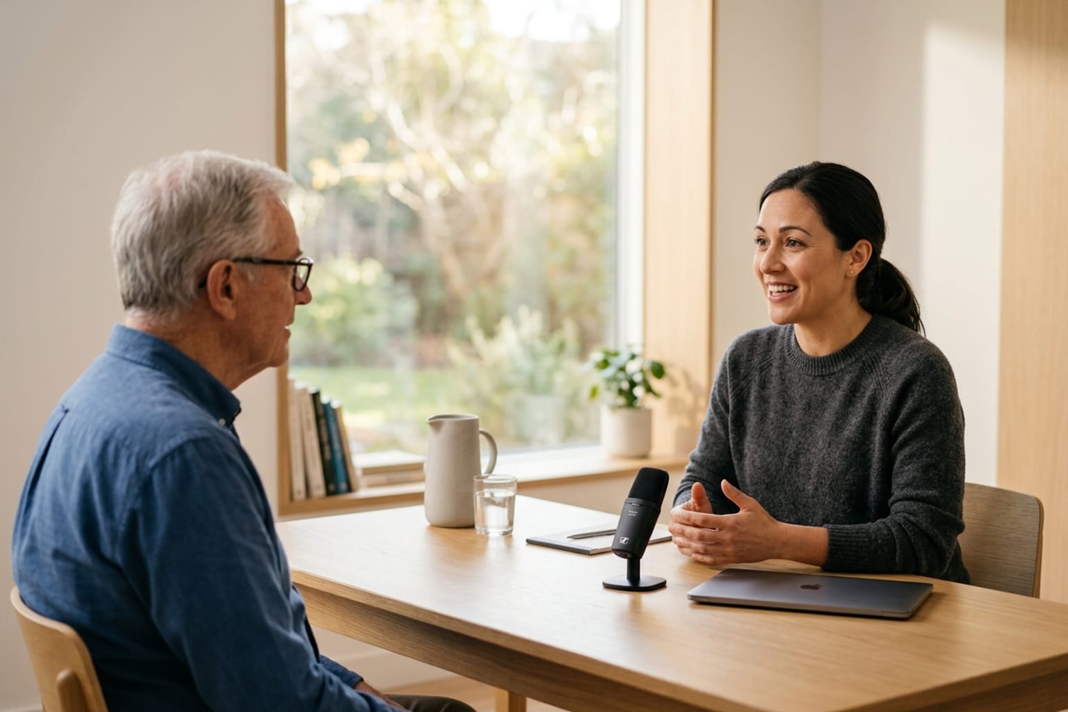 A clinician speaking with a patient across a light oak desk in a bright consultation room, with a small microphone resting beside a closed laptop.