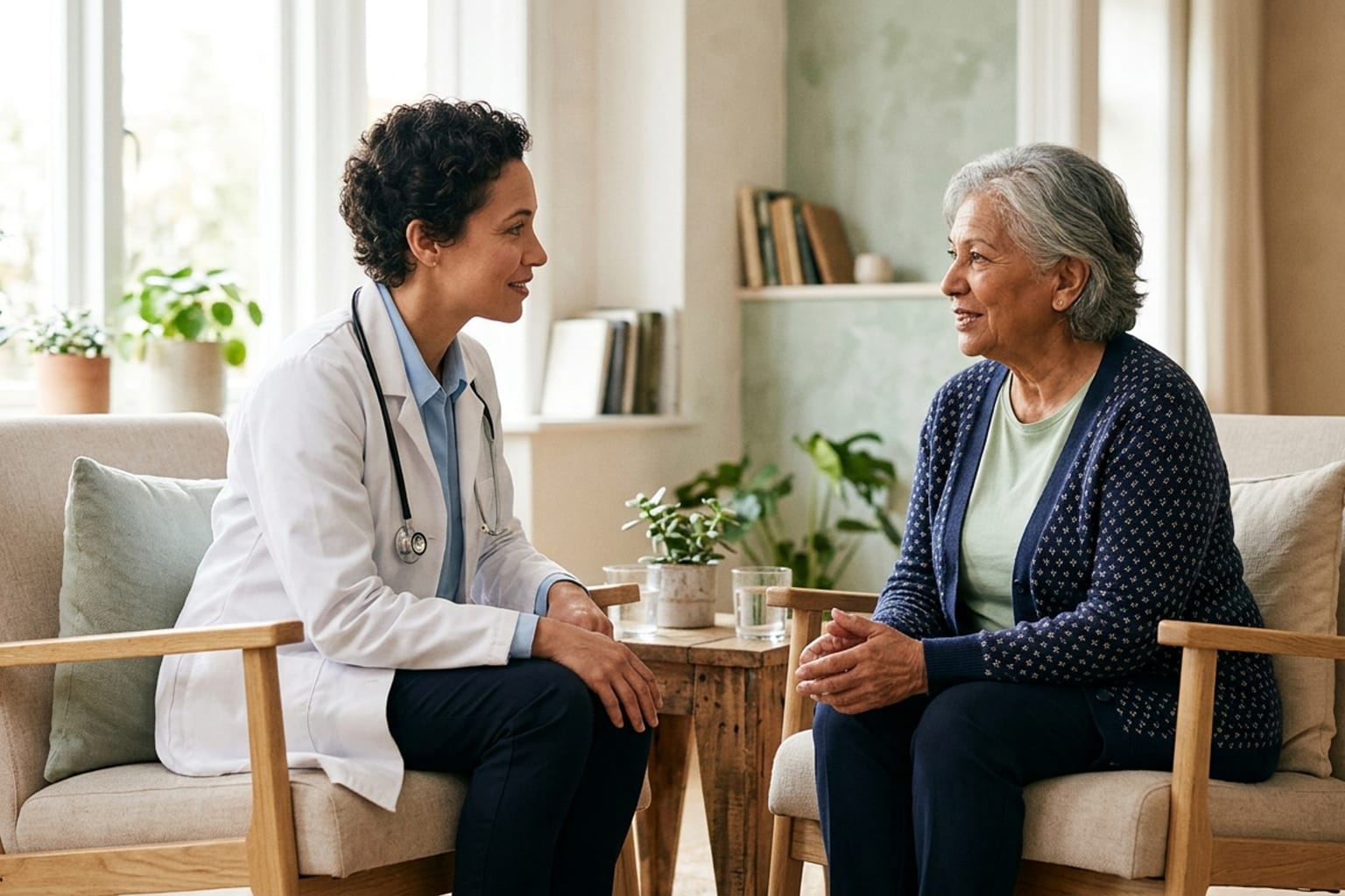 A doctor in a white coat sitting face-to-face with an older patient in a bright, plant-filled room, listening attentively with no laptop or keyboard between them.