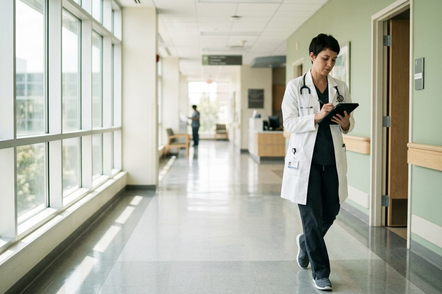 A clinician in a white coat walking mid-stride down a bright hospital corridor, dictating notes into a handheld tablet, with pale green walls and daylight from tall windows behind.