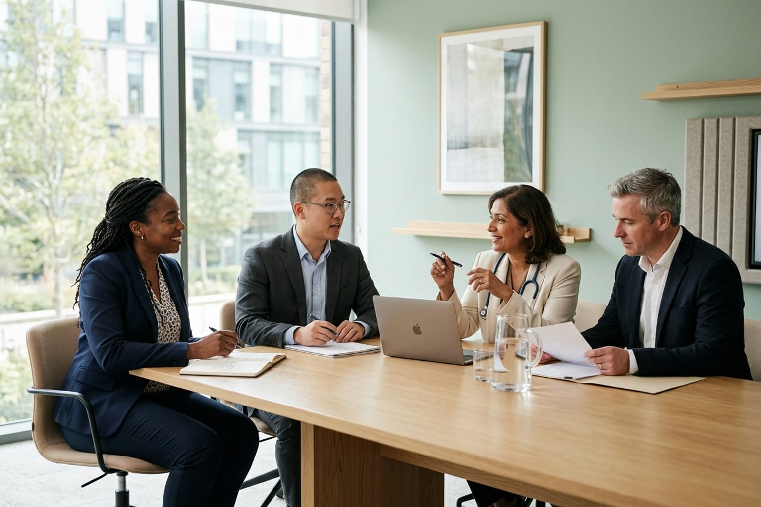 Four professionals in clinical and business attire collaborating around a light oak table in a bright clinic boardroom.