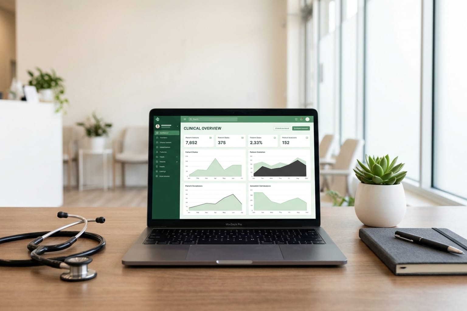 A light oak clinic desk with an open laptop showing a green-accented clinical dashboard, a stethoscope, a notebook, and a small succulent in soft daylight.