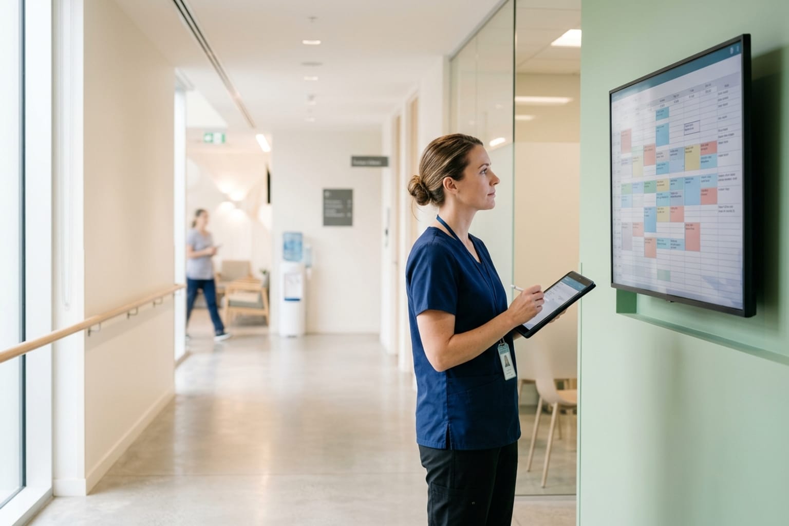A clinician reviewing an appointment schedule on a wall-mounted screen in a modern clinic corridor.