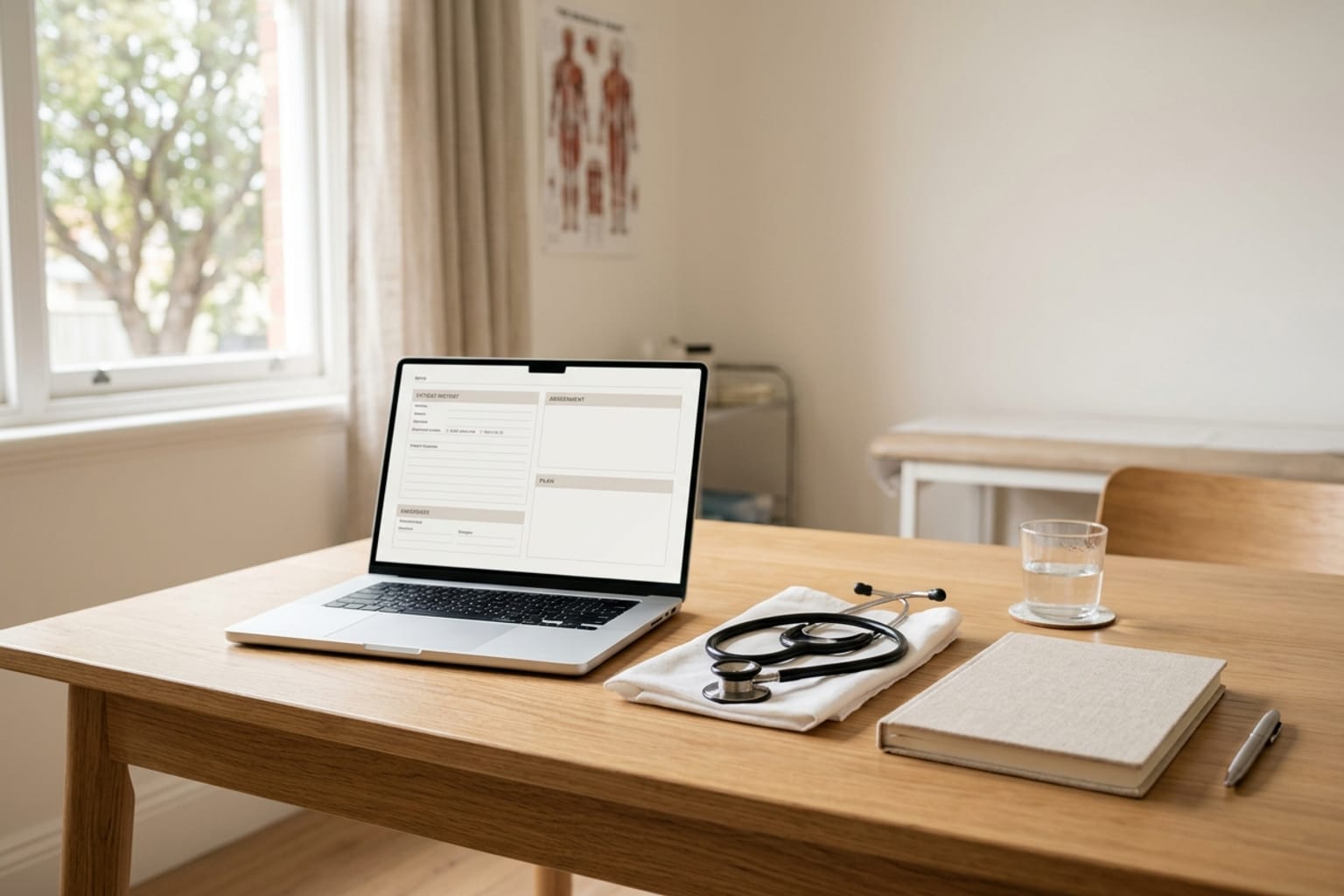 A laptop on a tidy desk showing a structured clinical note beside a stethoscope and notebook.