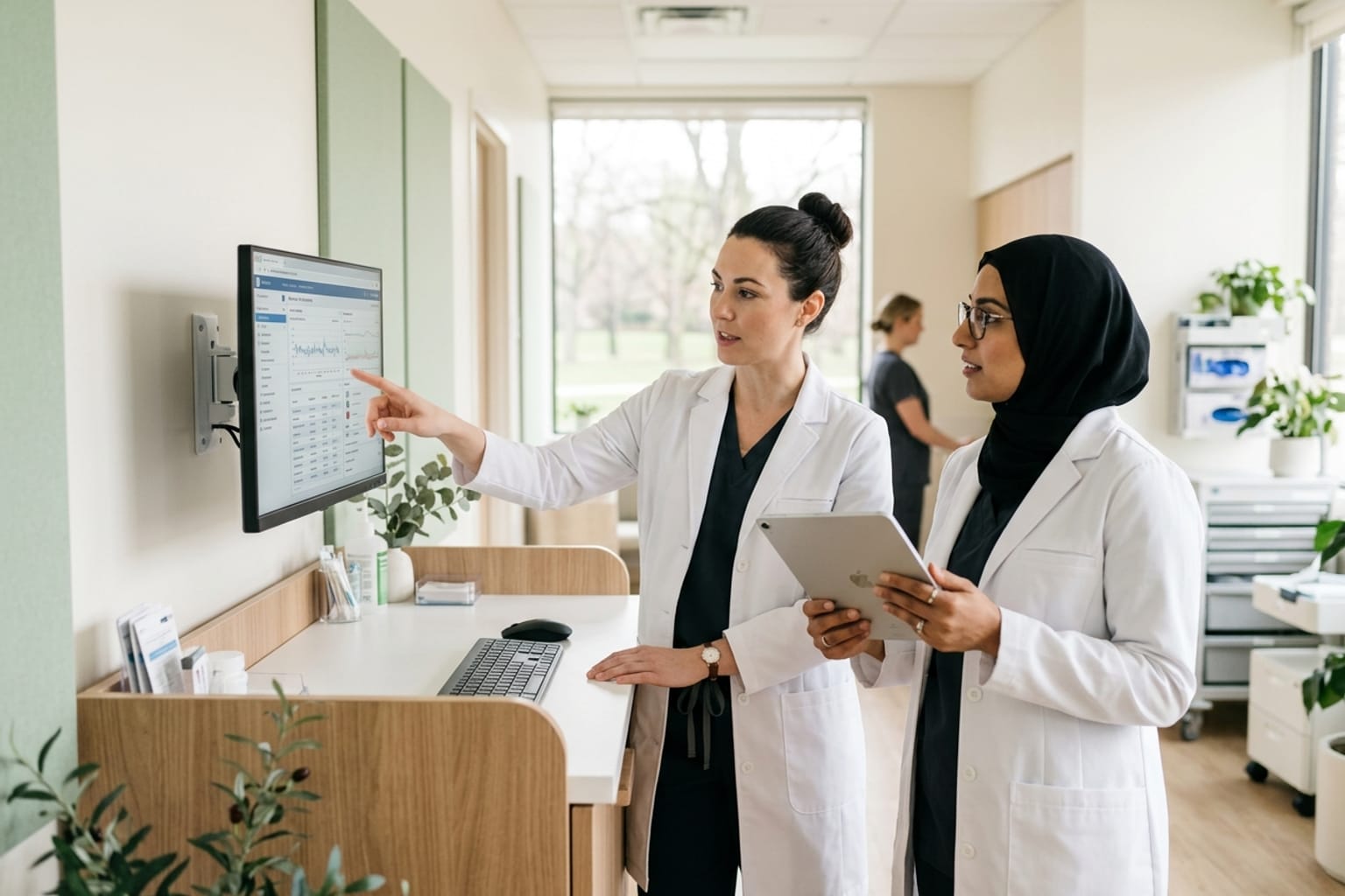 Two clinicians reviewing patient information together at a bright clinic workstation.