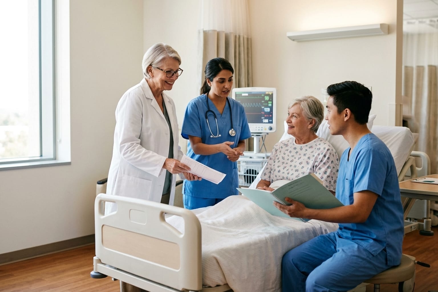 A group consultation in a bright hospital ward: a physician in a white coat, a nurse in blue scrubs and a seated clinician gather around a patient's bed to review a chart together, with a vital-signs monitor beside the bed.