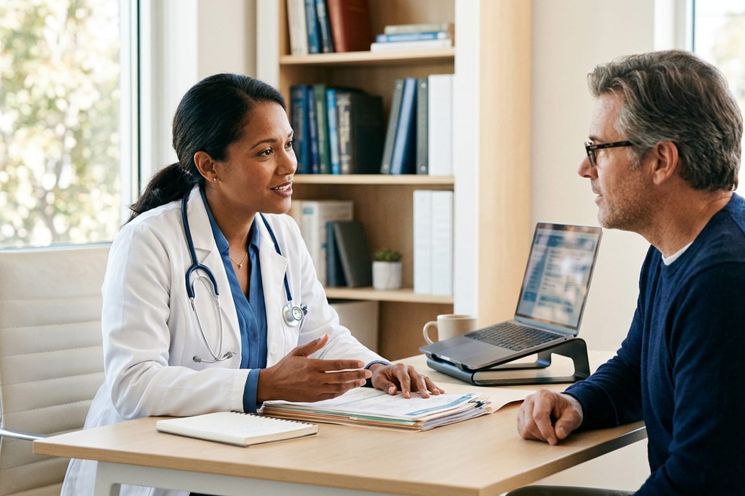A physician in a white coat sitting at a light oak desk in a bright consultation office, gesturing as she talks with a seated patient across from her.
