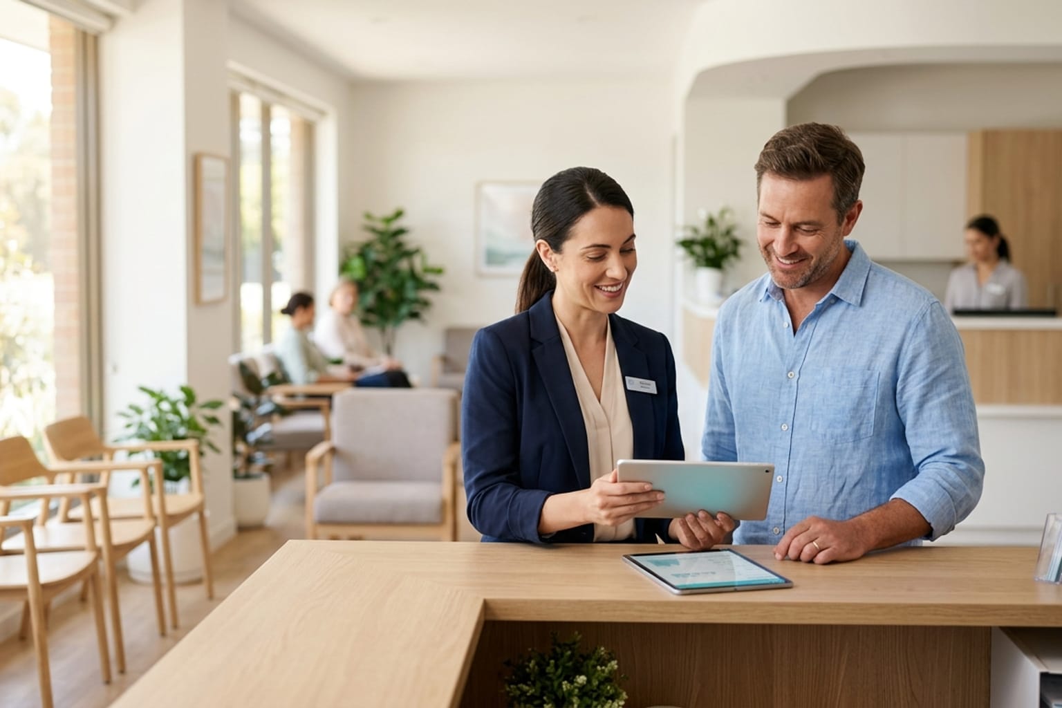 A clinic administrator in a navy blazer and a community health partner reviewing a tablet together at a light oak counter in a bright community clinic waiting area.